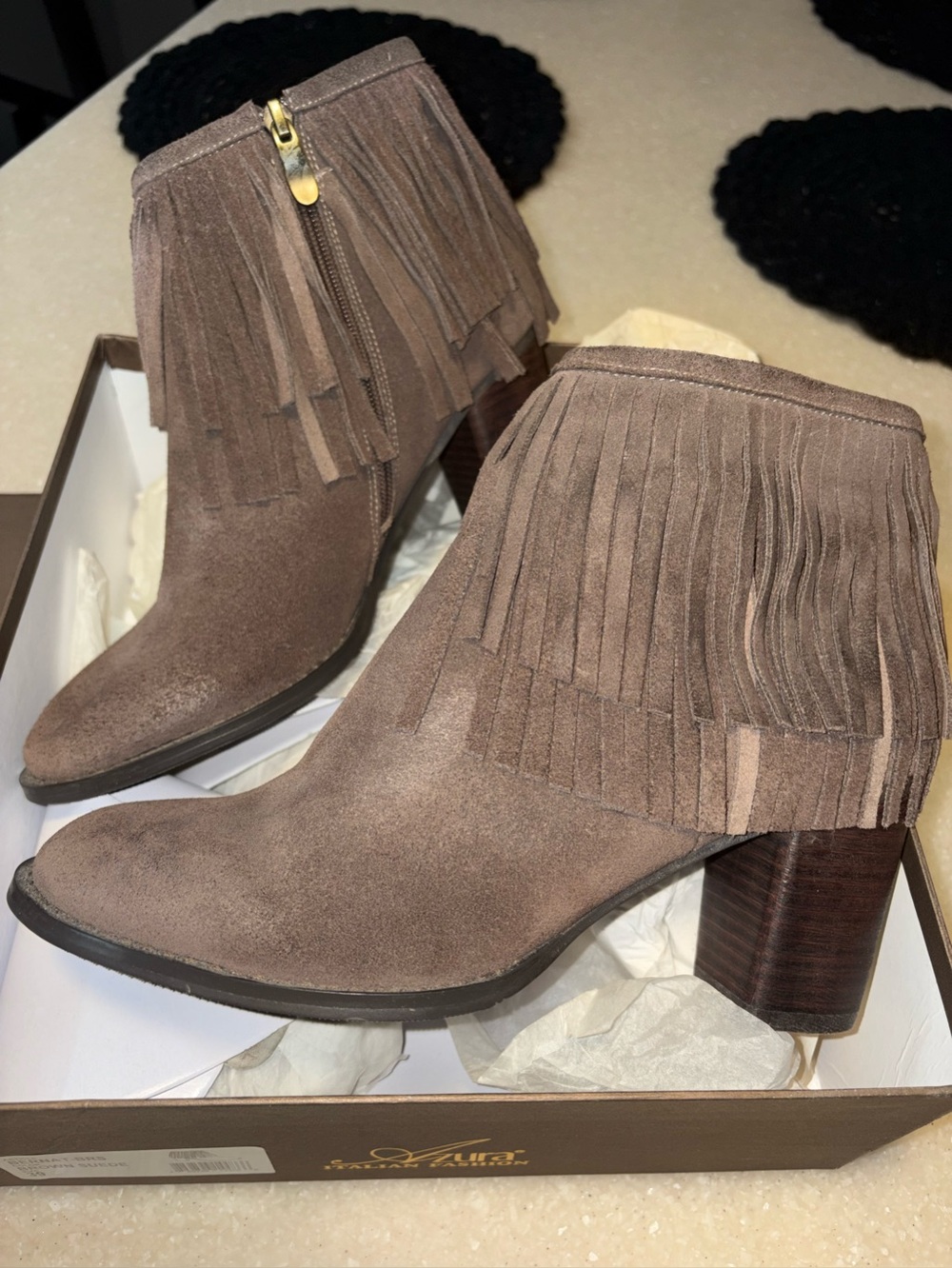 Azura Italian Fashion Taupe Fringe Suede Ankle Booties